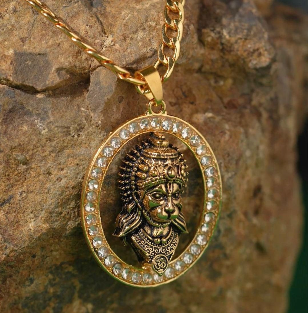 Gold-plated Hanuman Face Diamond Alloy Pendant Locket Set